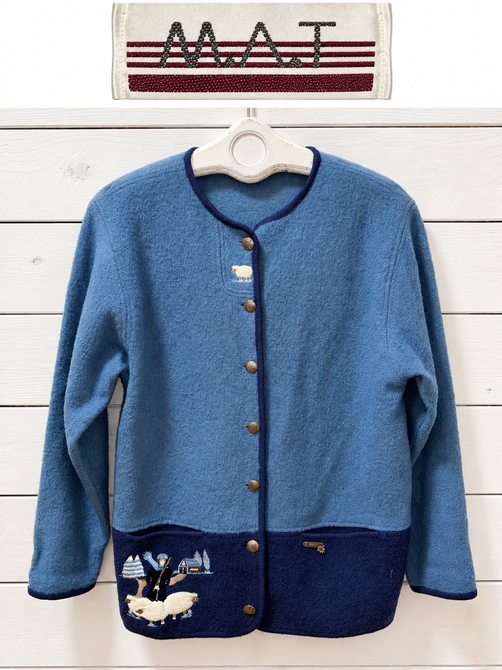 MAT Vintage Boiled Wool Embroidered Cardigan – Blue – Size M